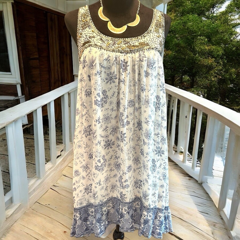 Altar'd State Blue White‎ Floral Beaded Boho Mini Dress M